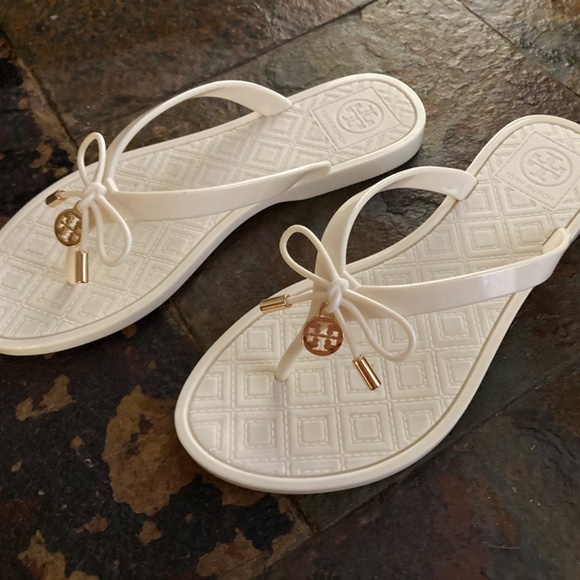 Tory Burch Ivory Gold Jelly Flip Flop Thong Bow Sandal Beach Vacation Vibes Sz 5 - Picture 11 of 13
